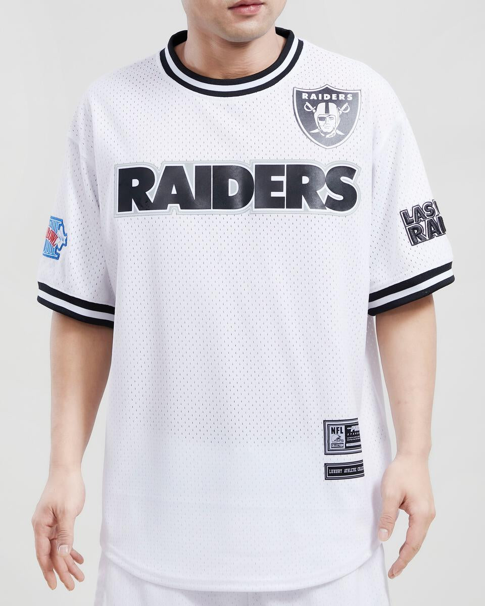 nfl raiders gear Pro Standard Las Vegas Raiders White Mesh Pro Team Jersey – CROWN MINDED