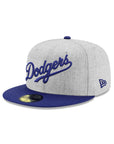 Los Angeles Dodgers Wordmark Script Heather Grey Royal MLB 59Fifty Fitted Hat