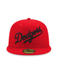Los Angeles Dodgers Wordmark Script Scarlet Red Black MLB 59Fifty Fitted Hat