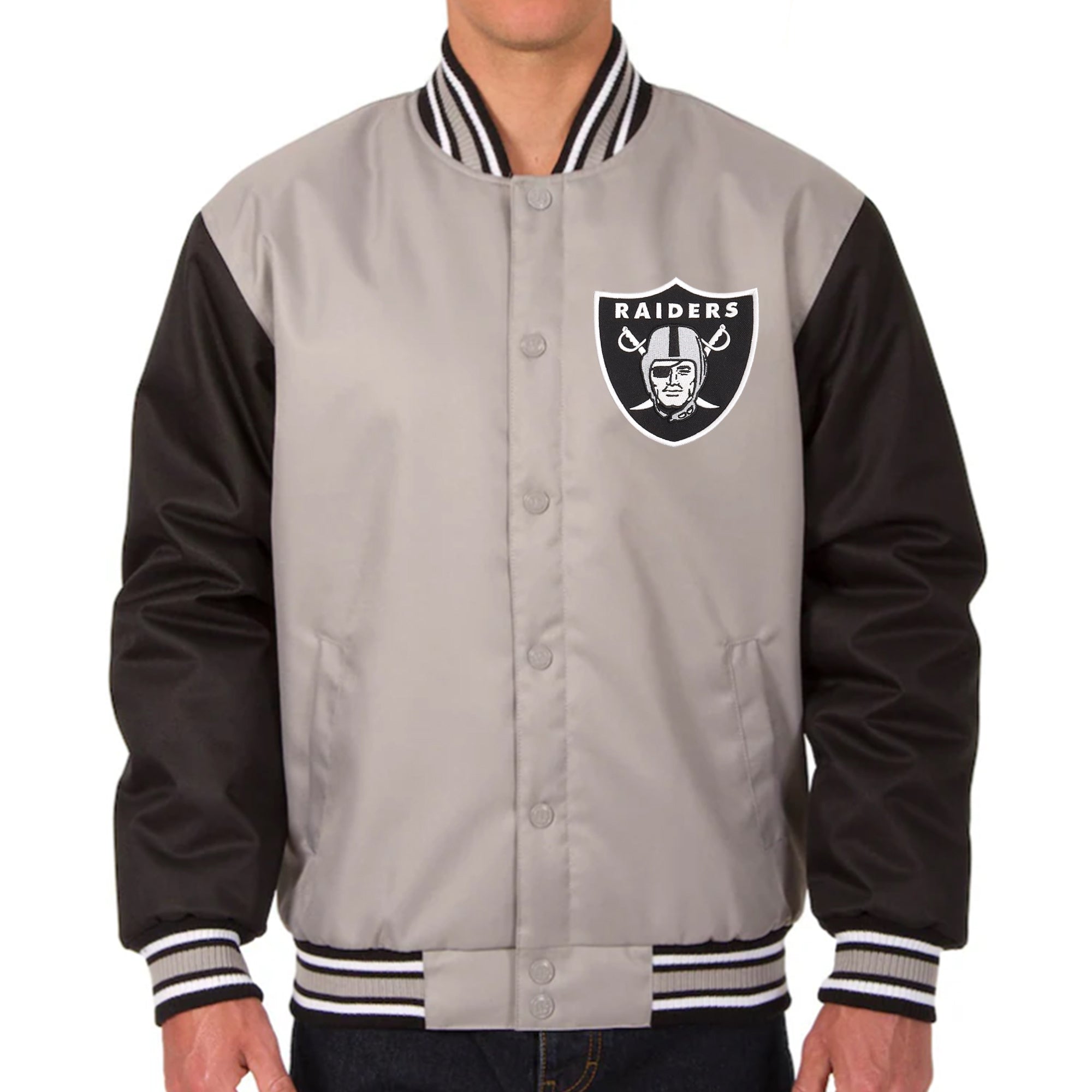 Las Vegas Raiders Gray Black Poly Twill Jacket – CROWN MINDED Las Vegas Raiders Gray Black Poly Twill Jacket – CROWN MINDED