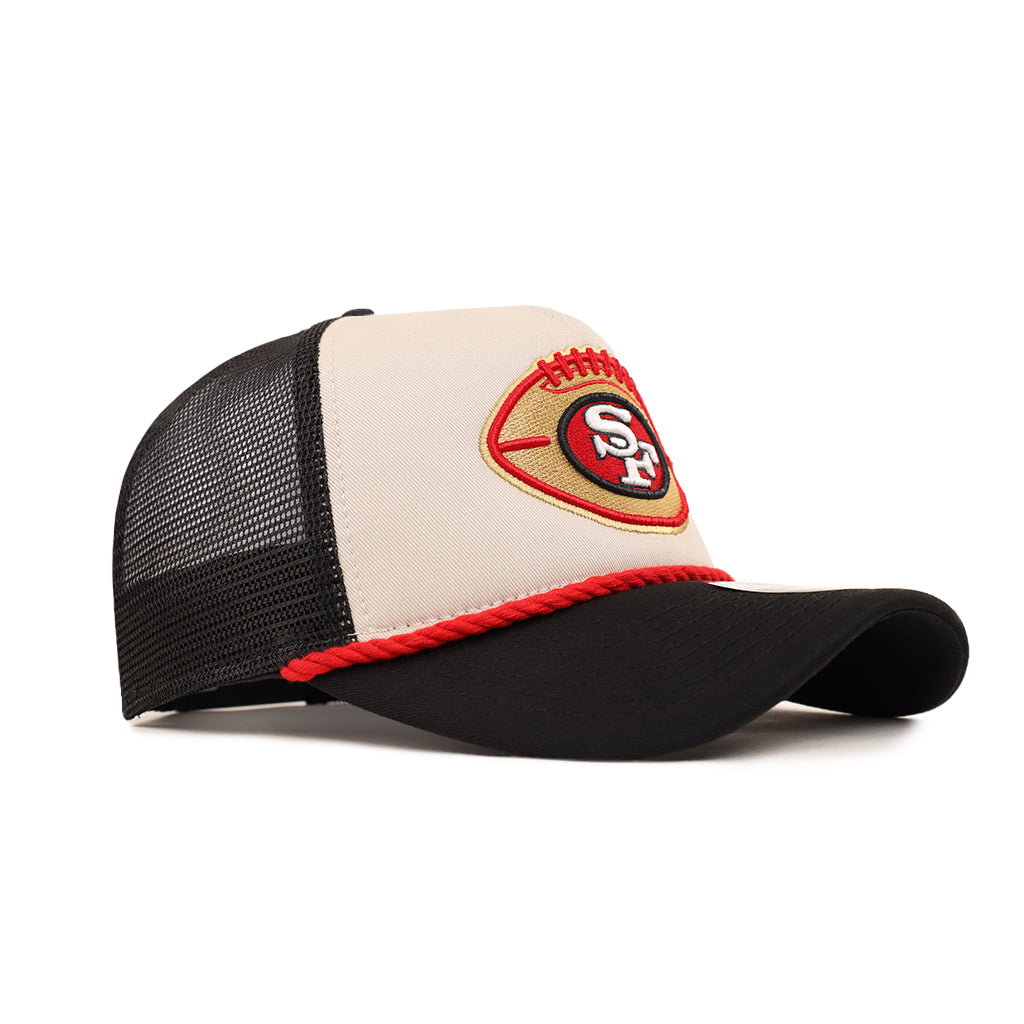 San Francisco 49ers Camel Black 9Forty A Frame Foam Trucker Snapback CROWN MINDED