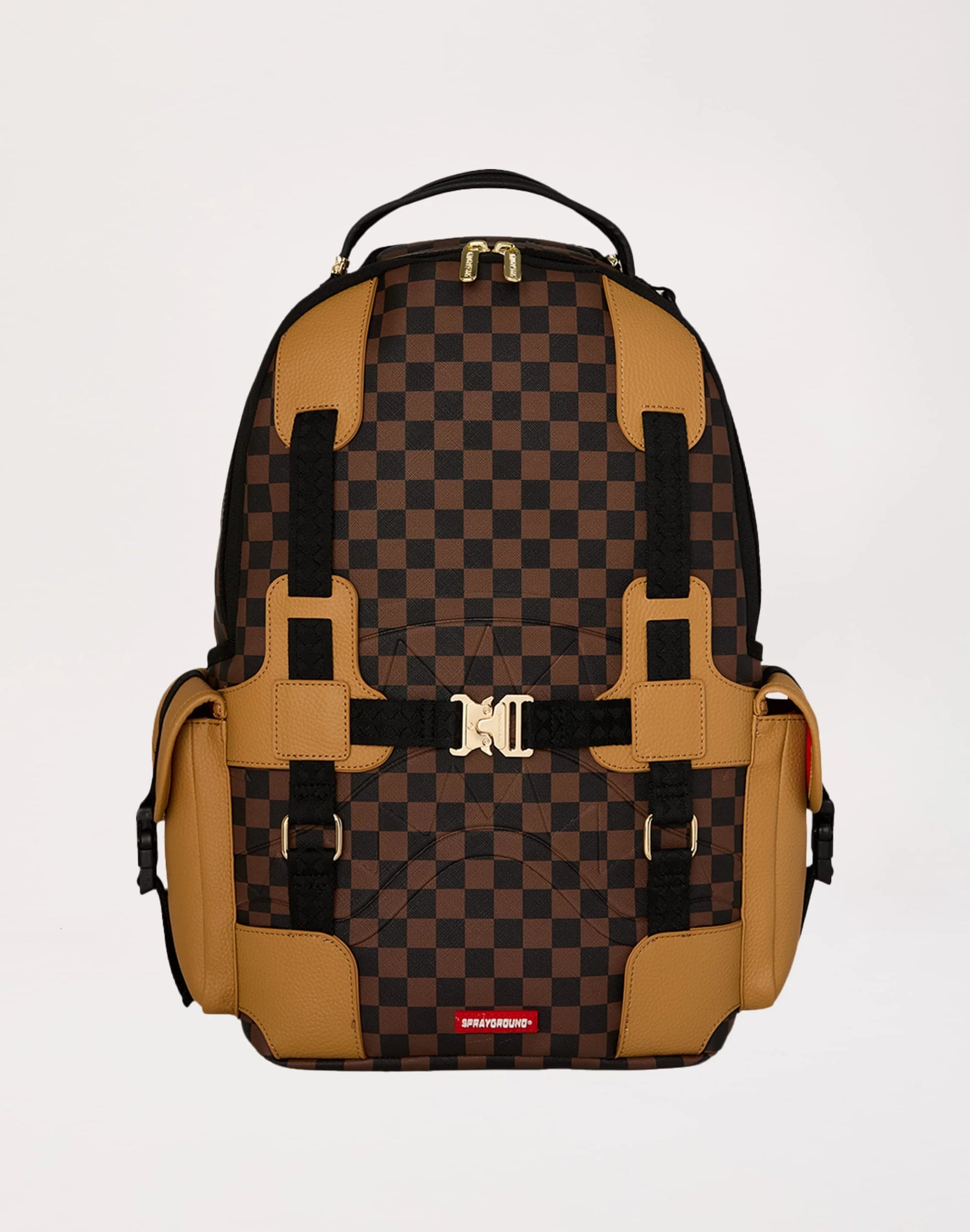Checkered backpack with brown and black pattern on a light gray background