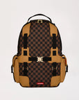 Checkered backpack with brown and black pattern on a light gray background