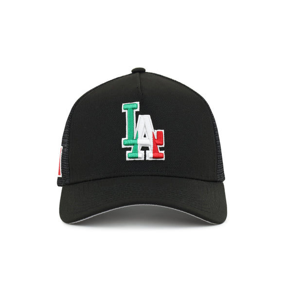 Los Angeles Dodgers Black Mexico Flag SP 9Forty A-Frame Trucker Snapback