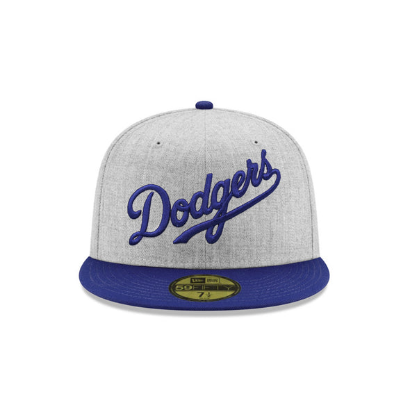 Los Angeles Dodgers Wordmark Script Heather Grey Royal MLB 59Fifty Fitted Hat