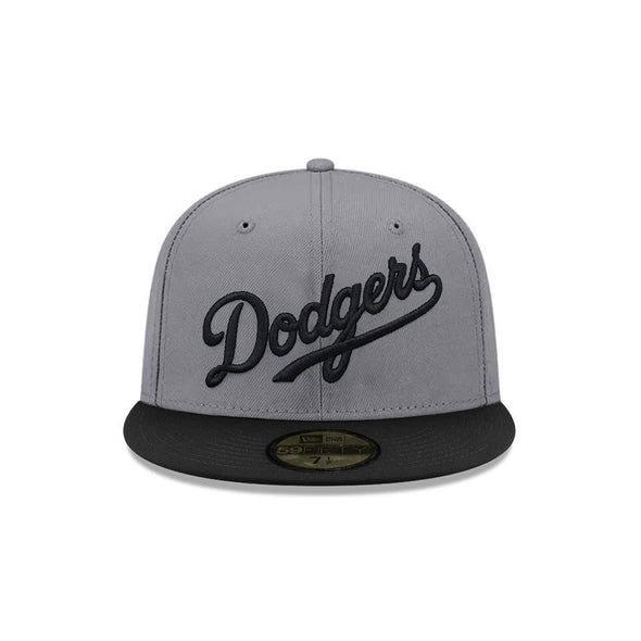 Los Angeles Dodgers Wordmark Script Storm Grey Black MLB 59Fifty Fitted Hat