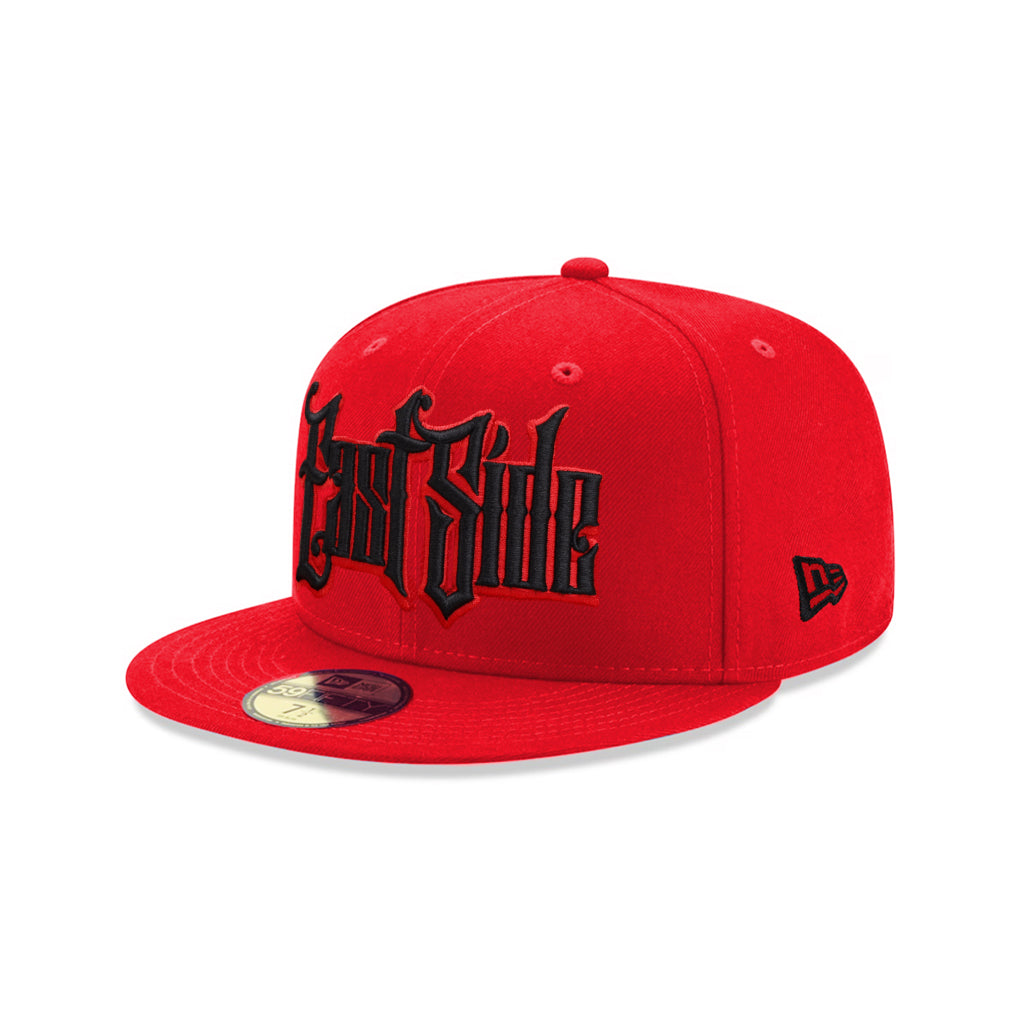 East Side Old English Graffiti Font Red on Black 59Fifty Fitted