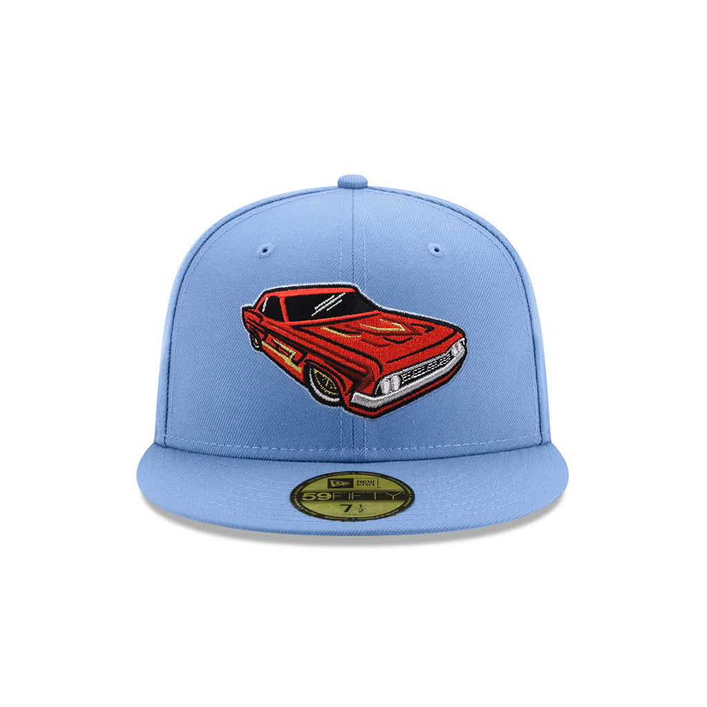 sky blue MiLB cap with red lowrider classic car logo on a white background