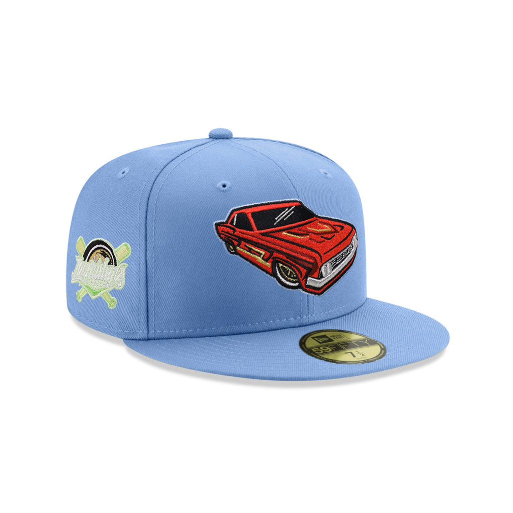 Birdseye Blue Grizzlies hat with a red classic car on the front panels and a lowrider side patch