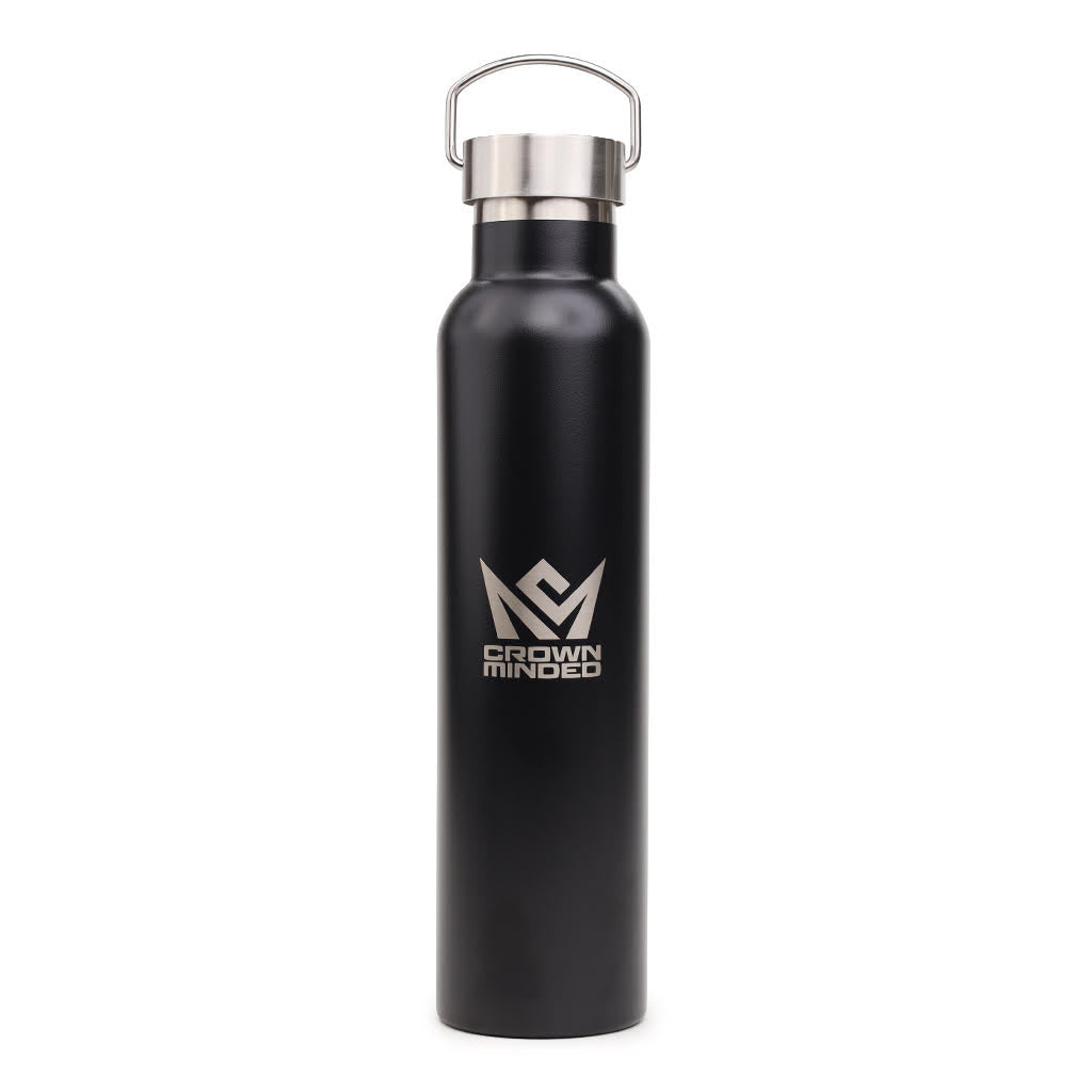 CrownMinded 25oz Laser-Engraved Stainless Steel Insulated Water Bottle with Carry Handle – Black
