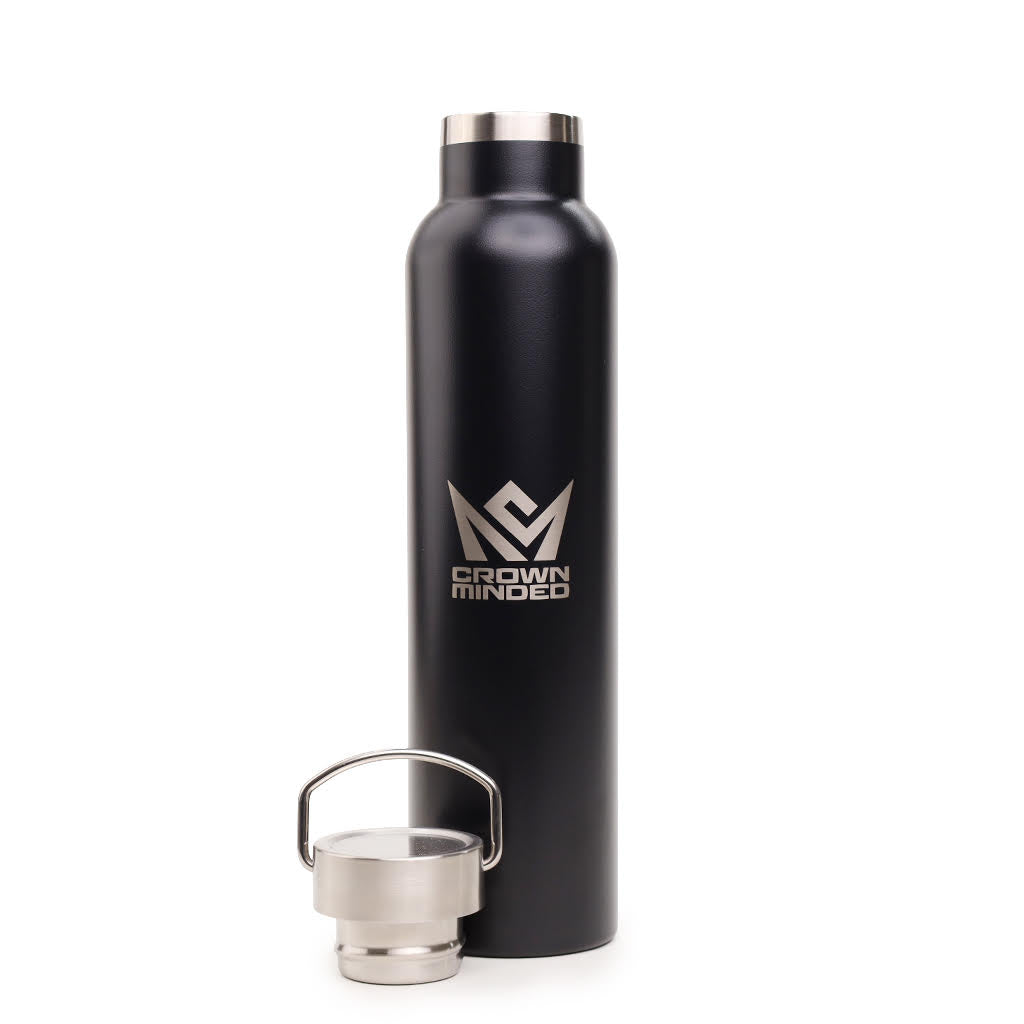 CrownMinded 25oz Laser-Engraved Stainless Steel Insulated Water Bottle with Carry Handle – Black