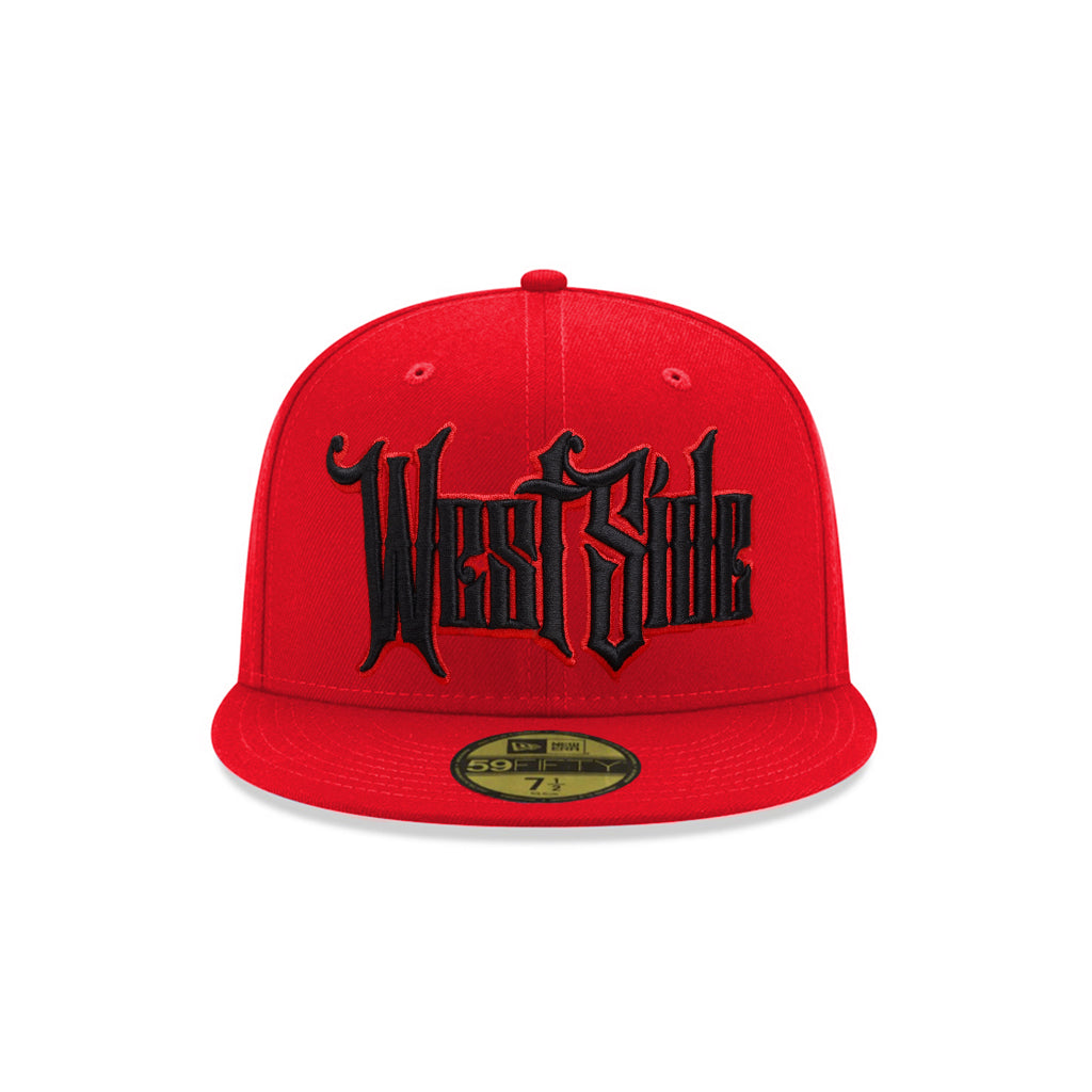 West Side Old English Graffiti Font Red on Black 59Fifty Fitted
