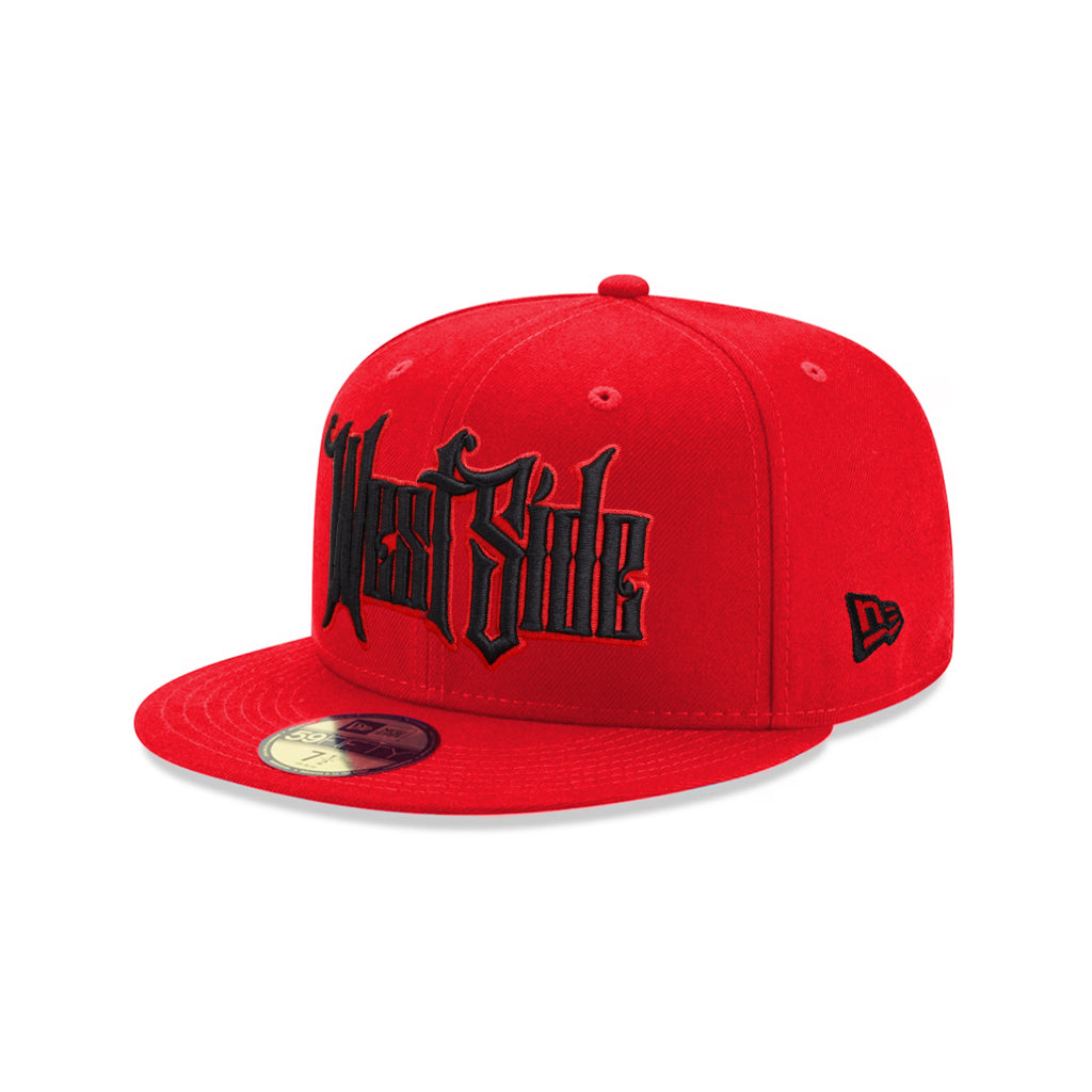 West Side Old English Graffiti Font Red on Black 59Fifty Fitted