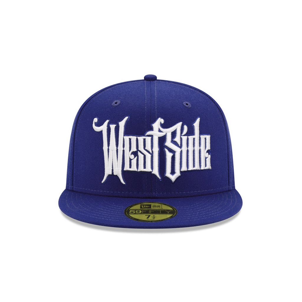 West Side Old English Graffiti Font Royal on White 59Fifty Fitted