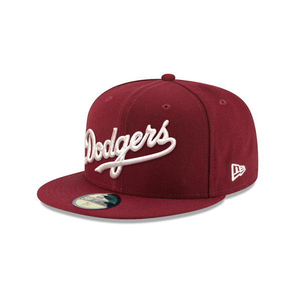 Los Angeles Dodgers Wordmark Script Burgundy on White MLB 59Fifty Fitted Hat